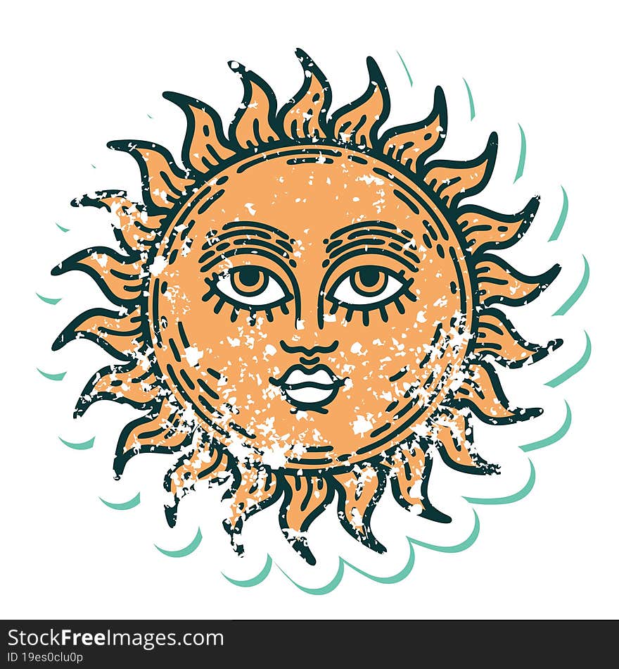 distressed sticker tattoo style icon of a sun with face