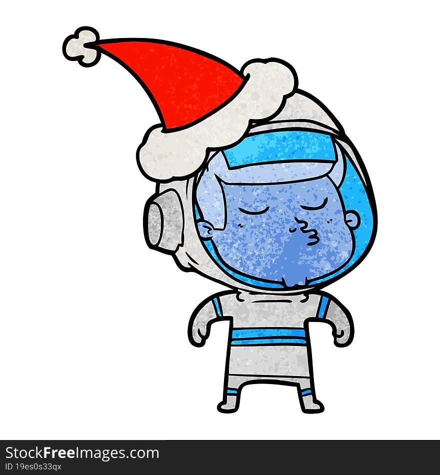 textured cartoon of a confident astronaut wearing santa hat