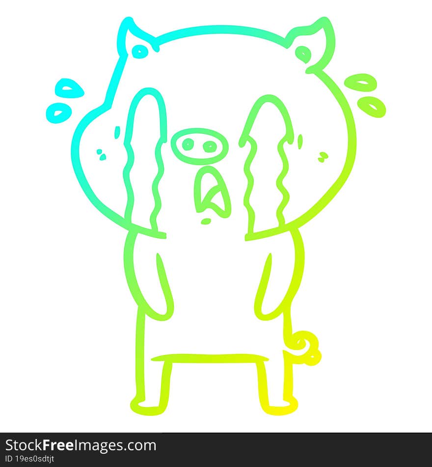 cold gradient line drawing of a crying pig cartoon