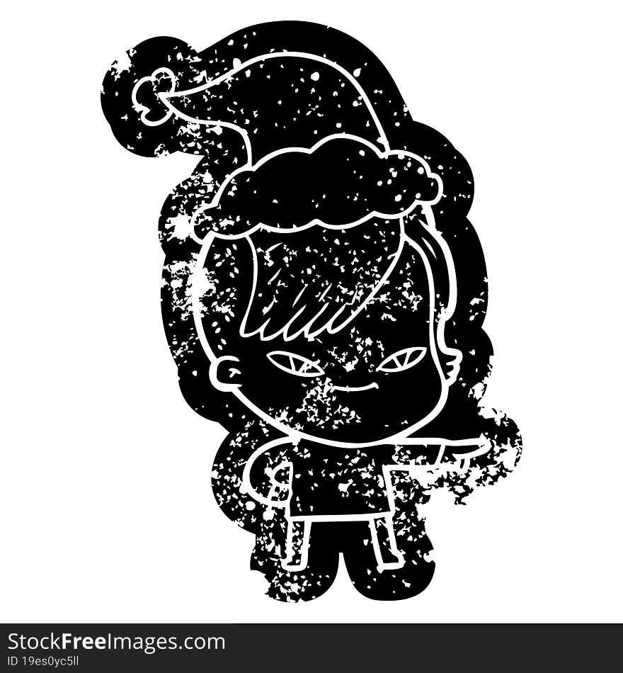 cute cartoon distressed icon of a girl with hipster haircut wearing santa hat