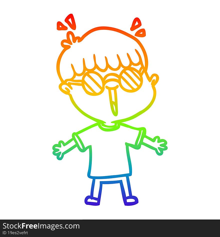 rainbow gradient line drawing of a cartoon boy wearing spectacles