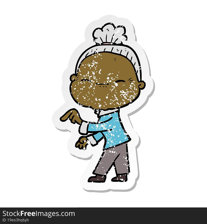 distressed sticker of a cartoon peaceful old woman