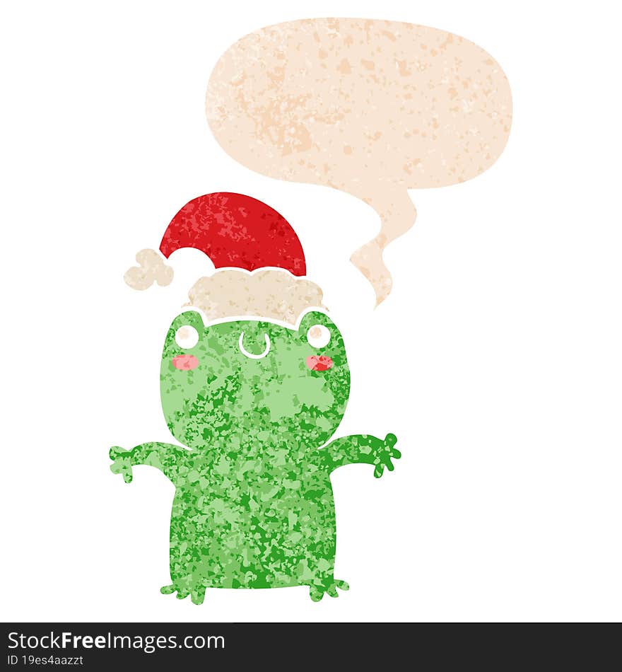 cute cartoon frog wearing christmas hat and speech bubble in retro textured style