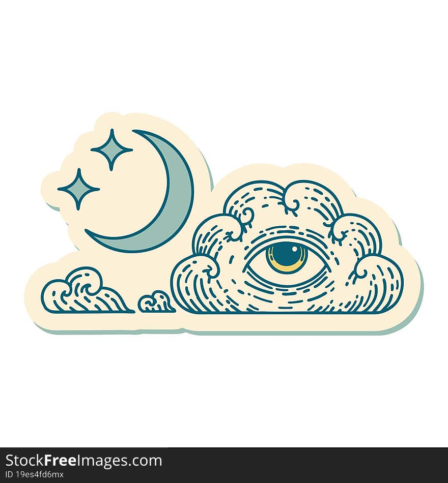 tattoo style sticker of a moon stars and cloud