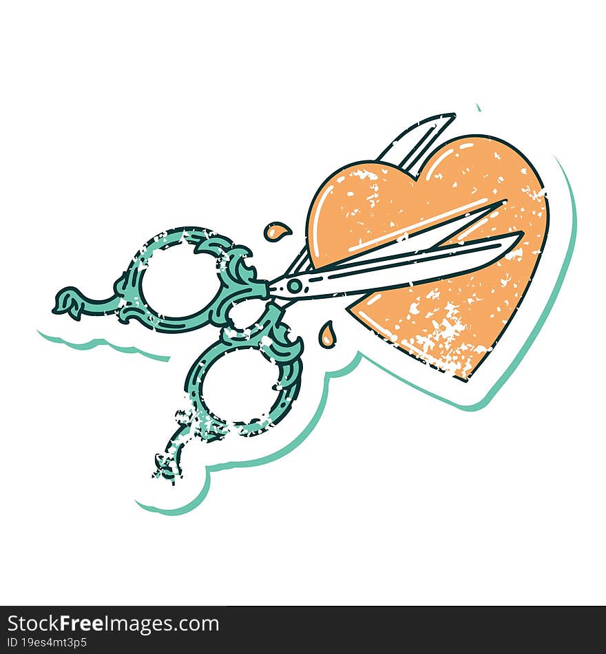 distressed sticker tattoo style icon of scissors cutting a heart