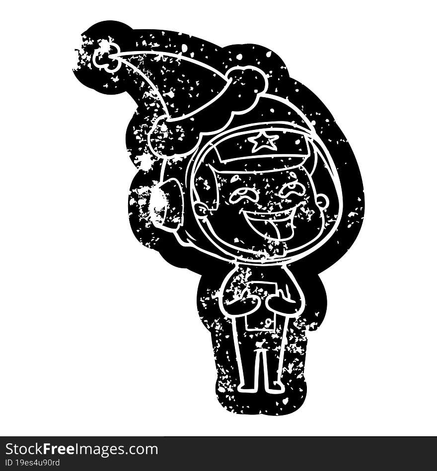 Cartoon Distressed Icon Of A Laughing Astronaut Wearing Santa Hat