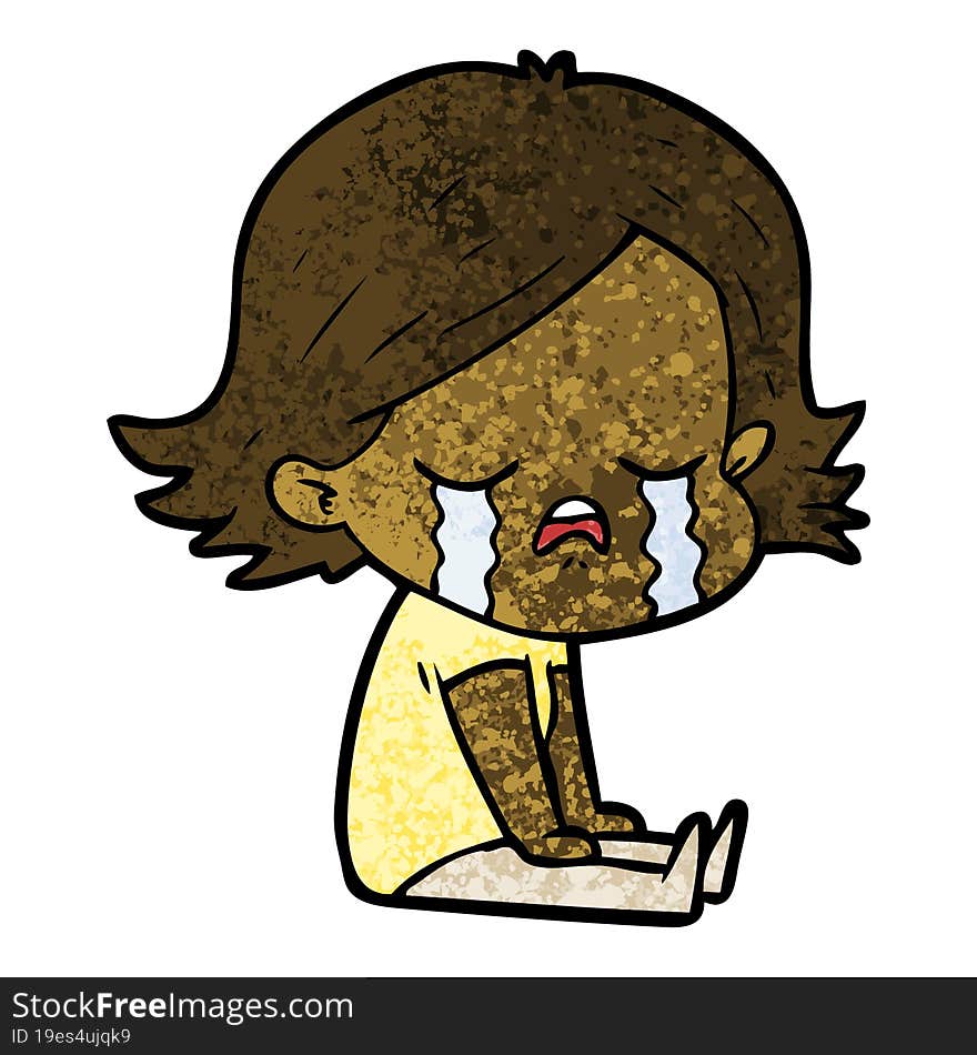 cartoon girl crying sat on floor. cartoon girl crying sat on floor