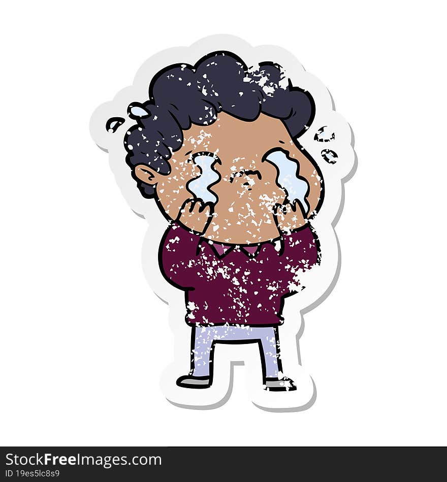 distressed sticker of a cartoon man crying