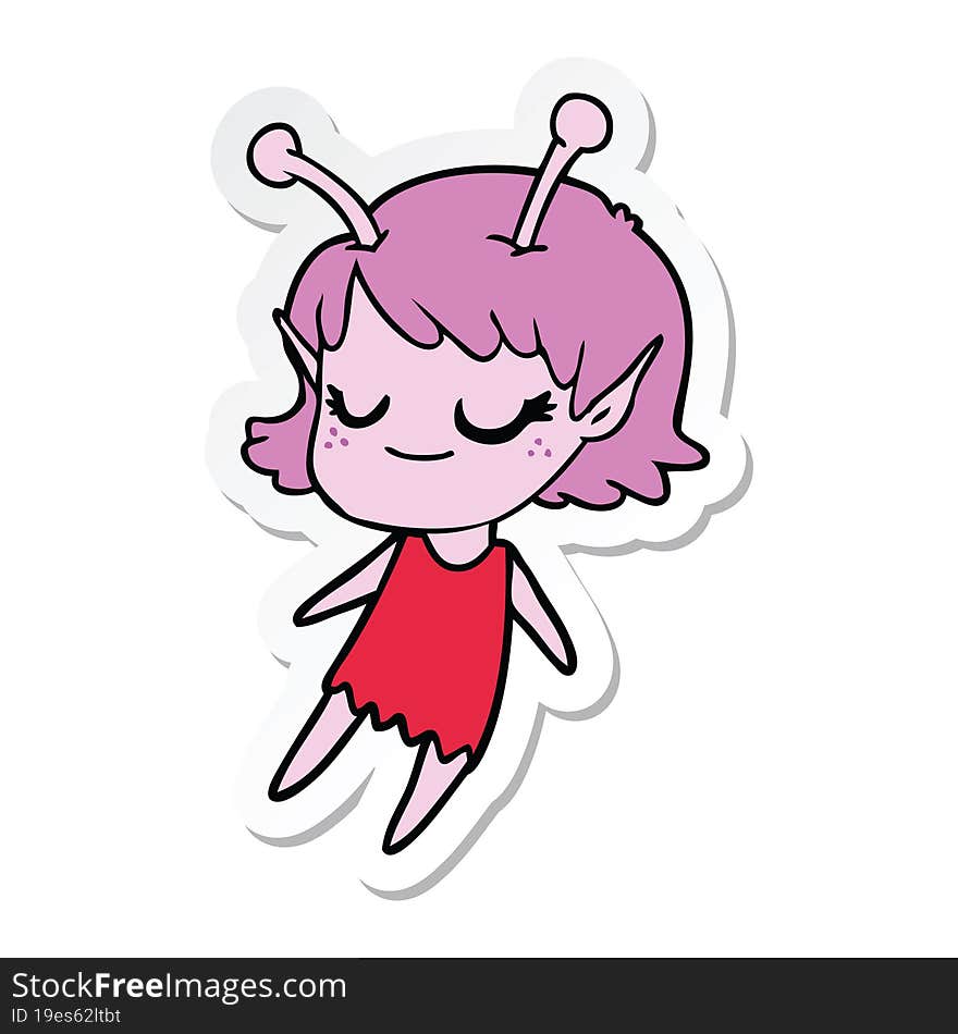 Sticker Of A Smiling Alien Girl Cartoon Floating