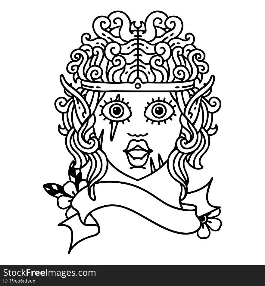 Black and White Tattoo linework Style elf barbarian character face. Black and White Tattoo linework Style elf barbarian character face