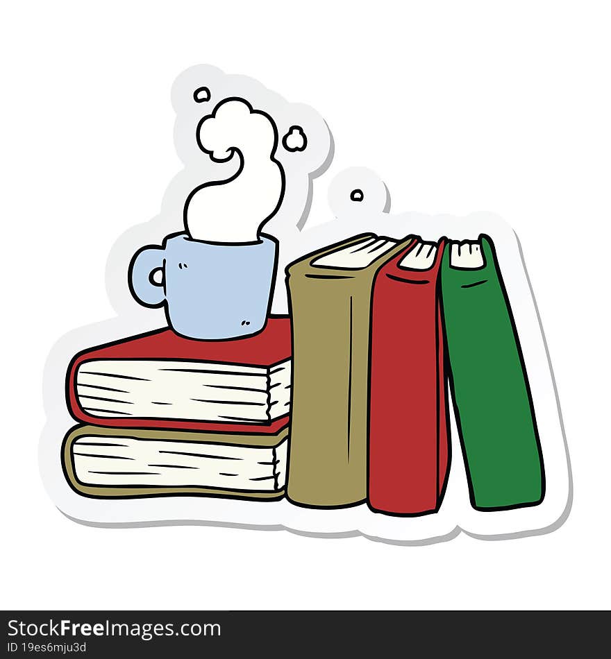 sticker of a cartoon coffee cup and study books