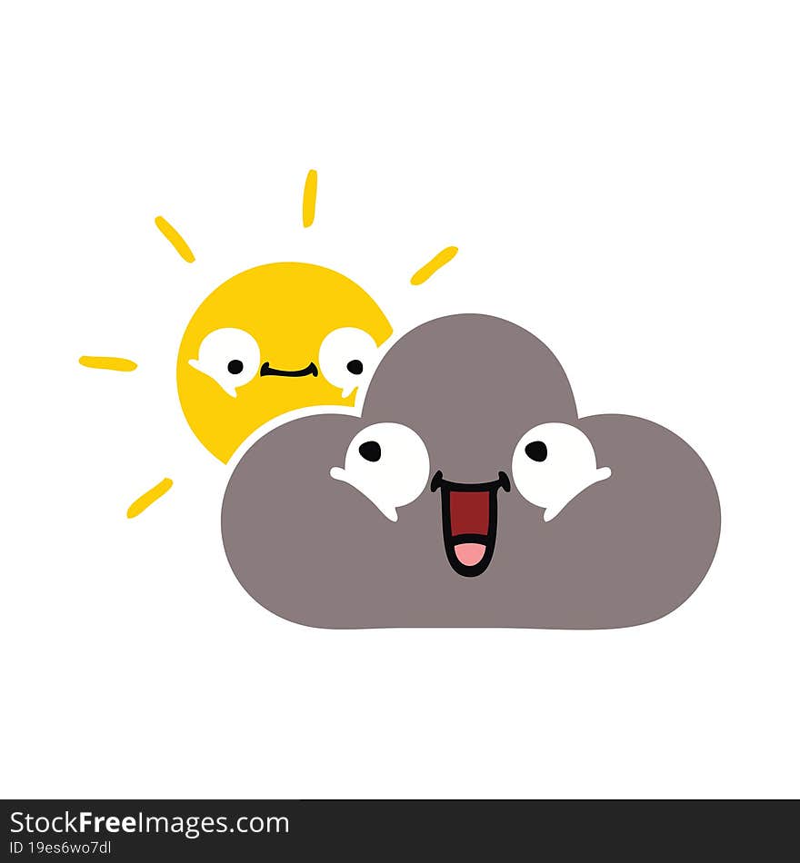 flat color retro cartoon of a storm cloud and sun