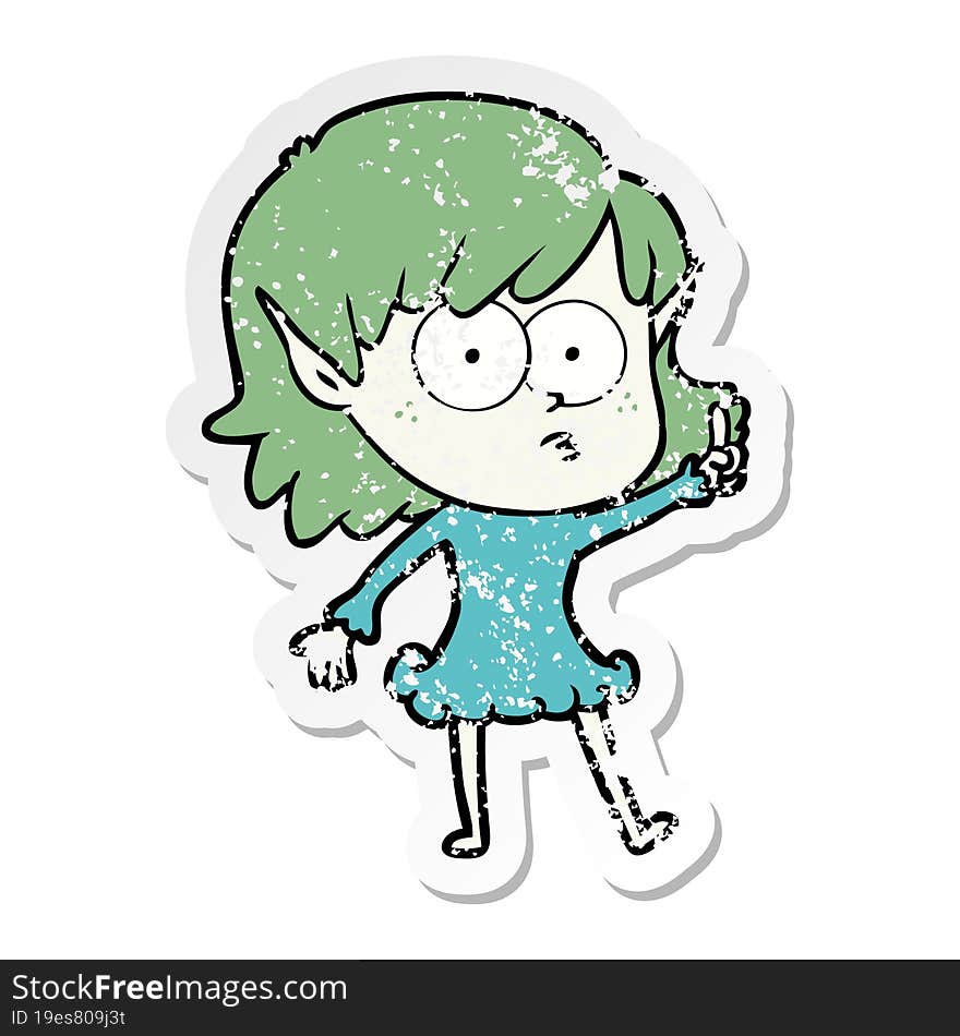 Distressed Sticker Of A Cartoon Shocked Elf Girl