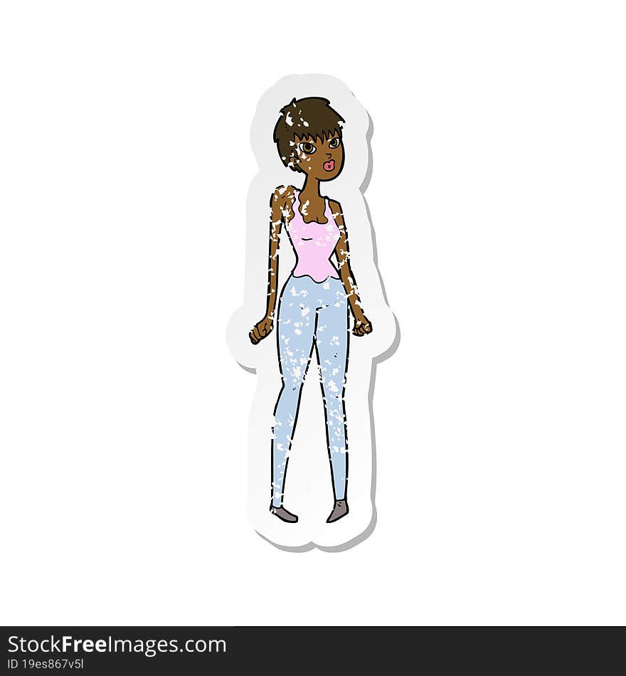 retro distressed sticker of a cartoon pretty woman