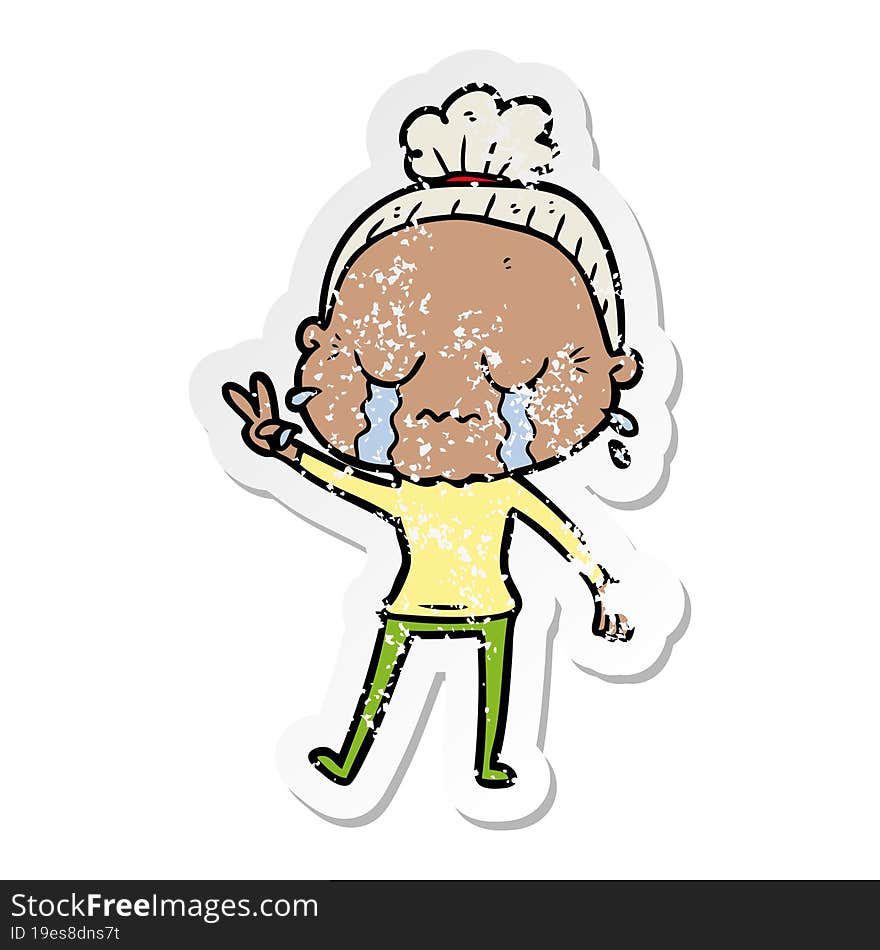 Distressed Sticker Of A Cartoon Crying Old Lady