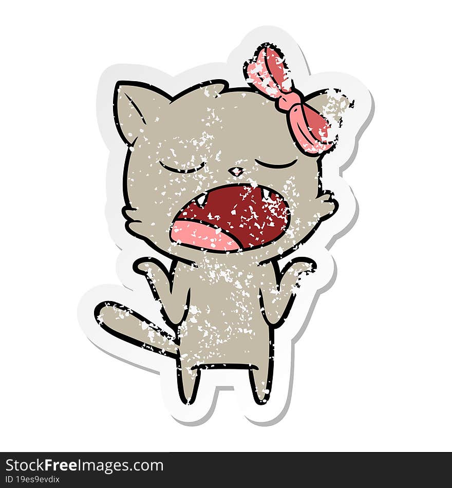 distressed sticker of a cartoon yawning cat shrugging shoulders