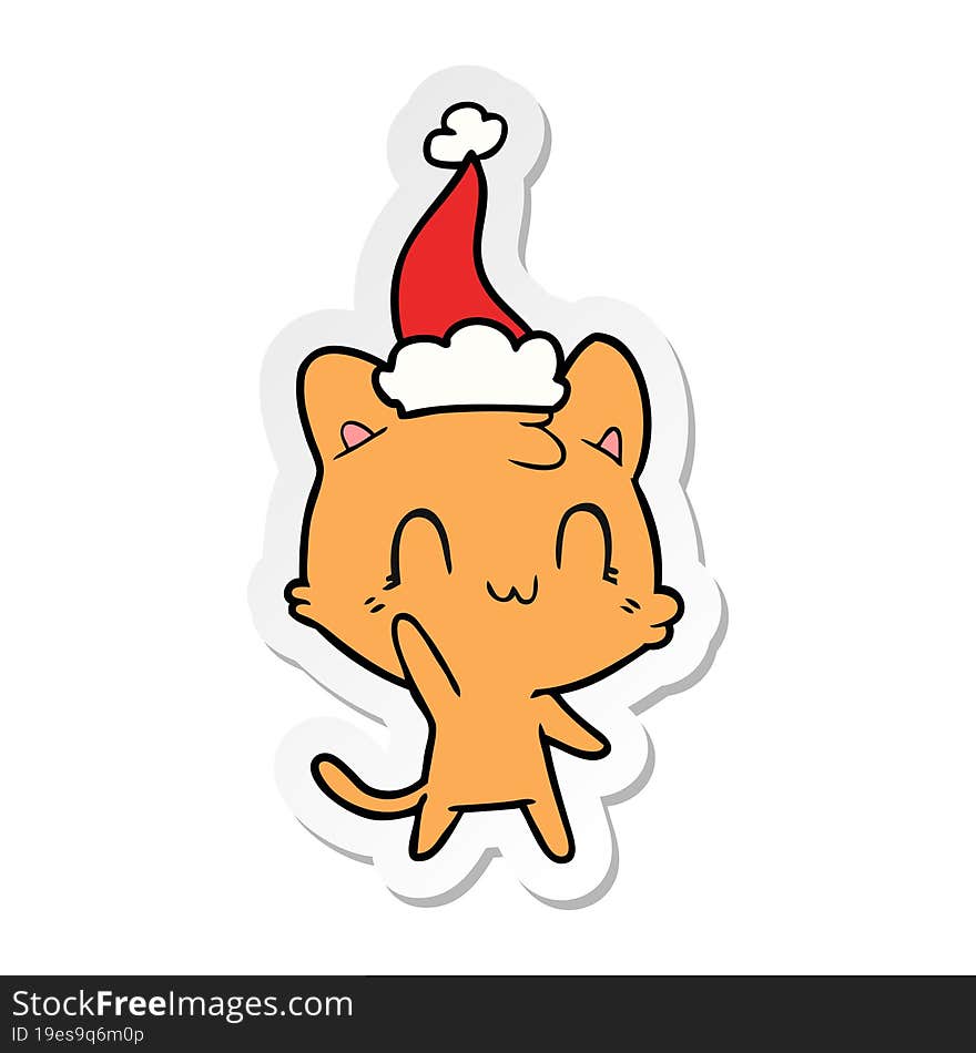 sticker cartoon of a happy cat wearing santa hat