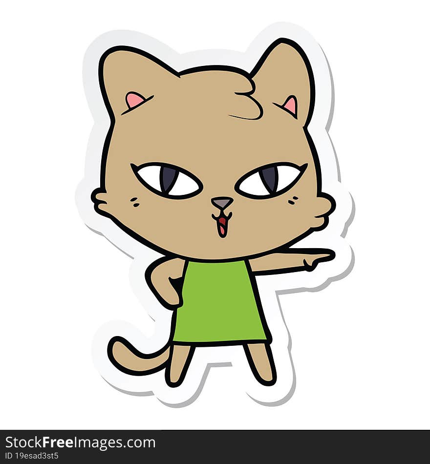 sticker of a cartoon cat in dress pointing