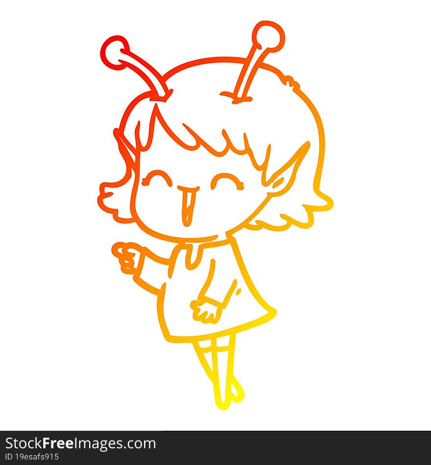 warm gradient line drawing of a cartoon alien girl laughing