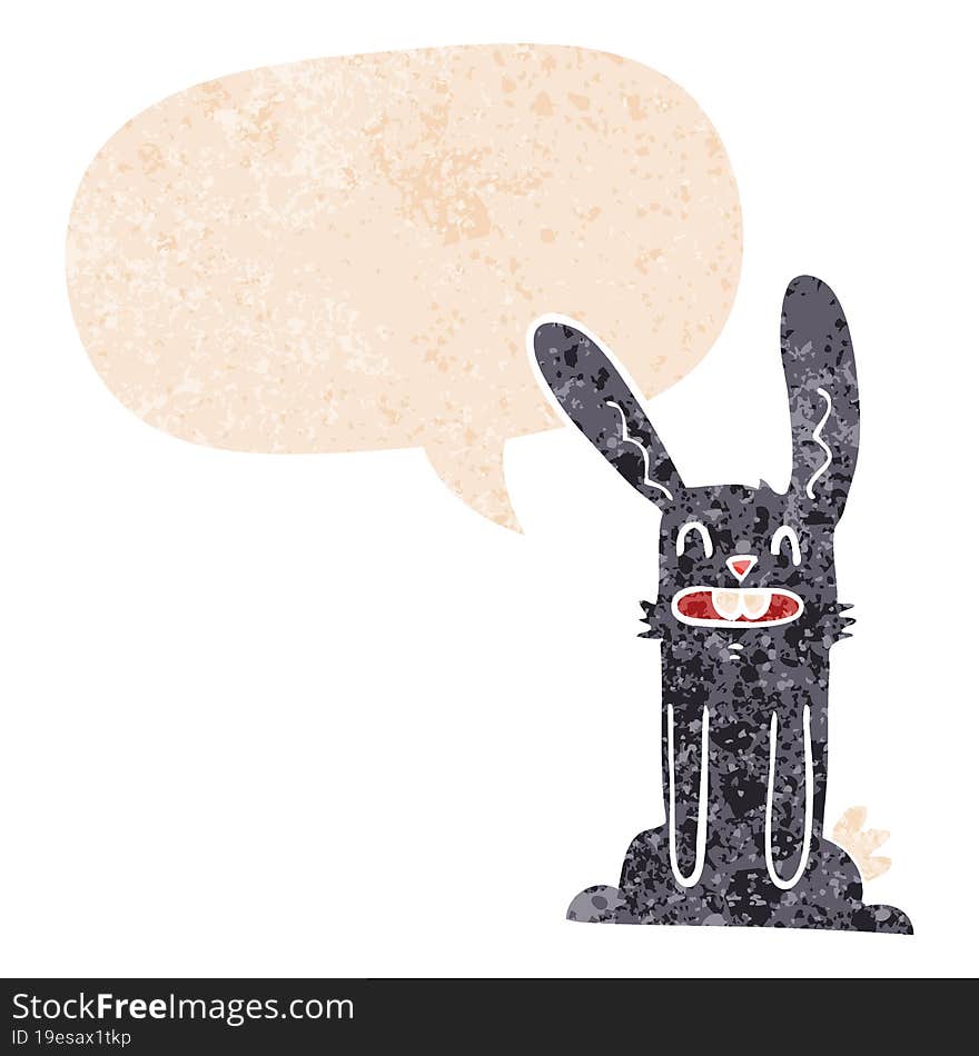 cartoon rabbit with speech bubble in grunge distressed retro textured style. cartoon rabbit with speech bubble in grunge distressed retro textured style