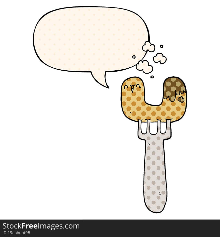 cartoon sausage on fork and speech bubble in comic book style