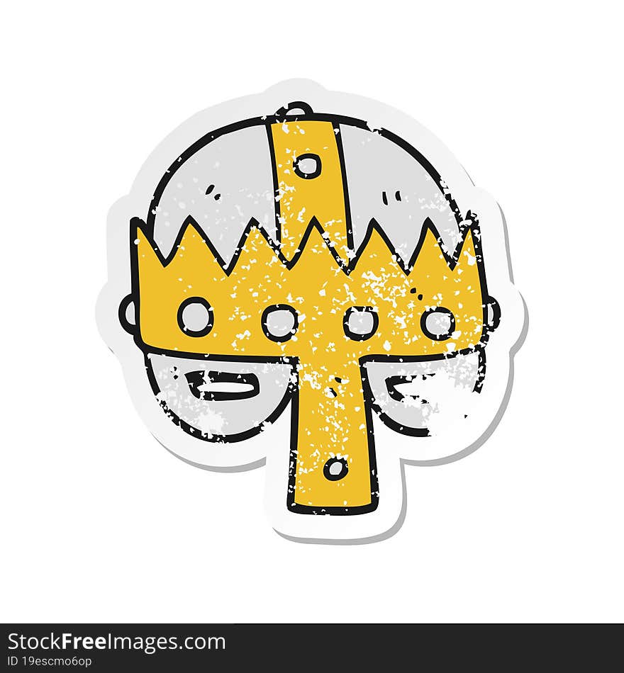 retro distressed sticker of a cartoon medieval helmet