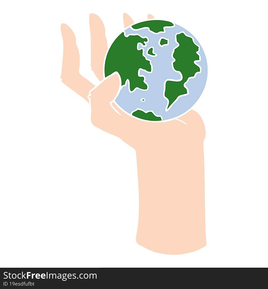 flat color style cartoon hand holding whole earth