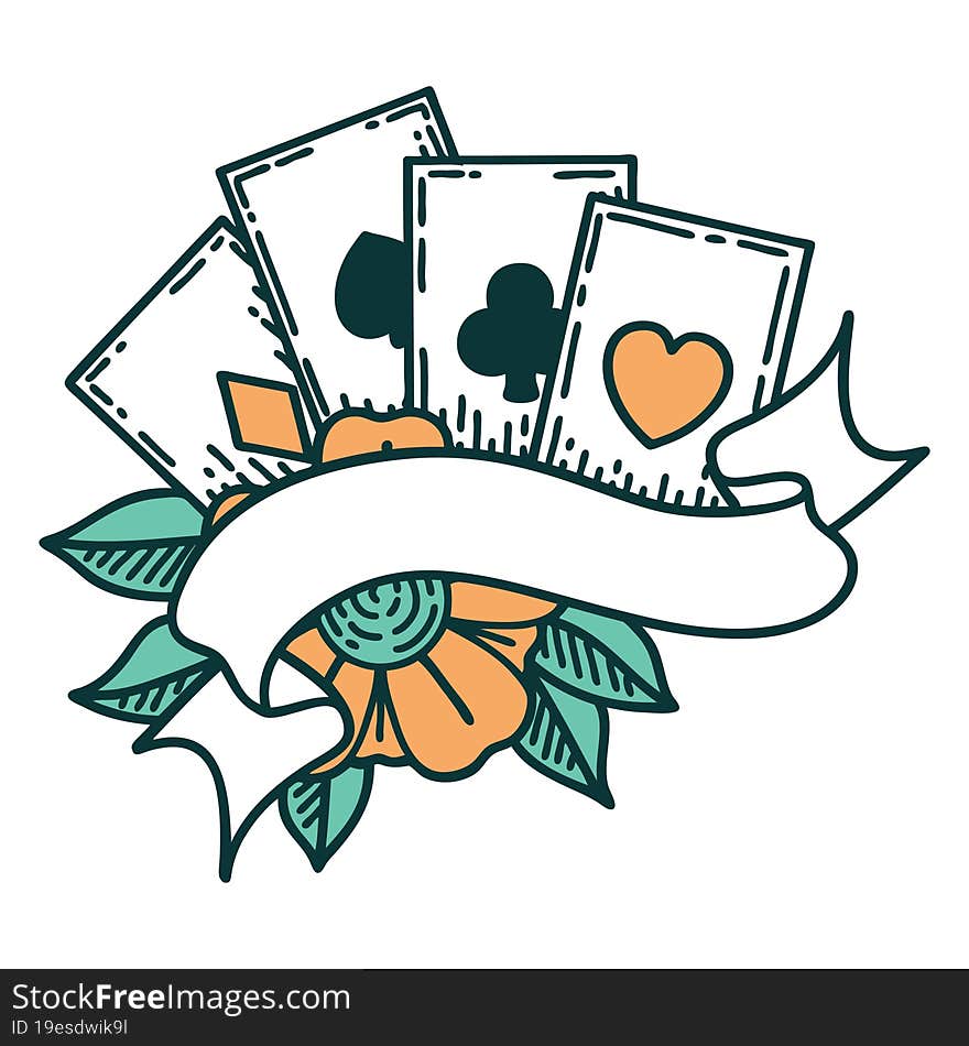 iconic tattoo style image of cards and banner. iconic tattoo style image of cards and banner