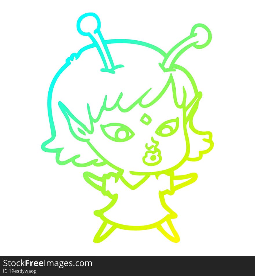 cold gradient line drawing of a pretty cartoon alien girl