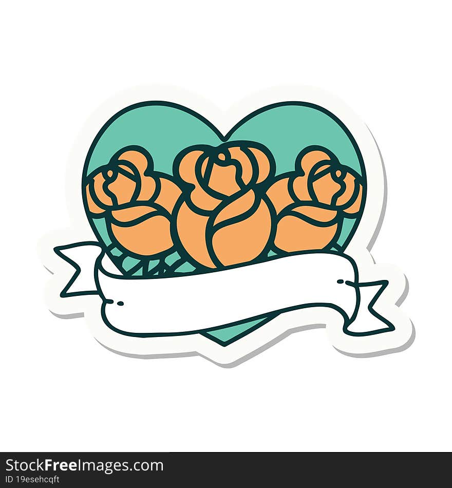 Tattoo Style Sticker Of A Heart And Banner With Flowers