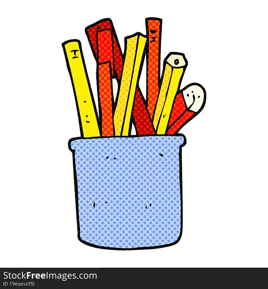 freehand drawn cartoon desk pot of pencils and pens