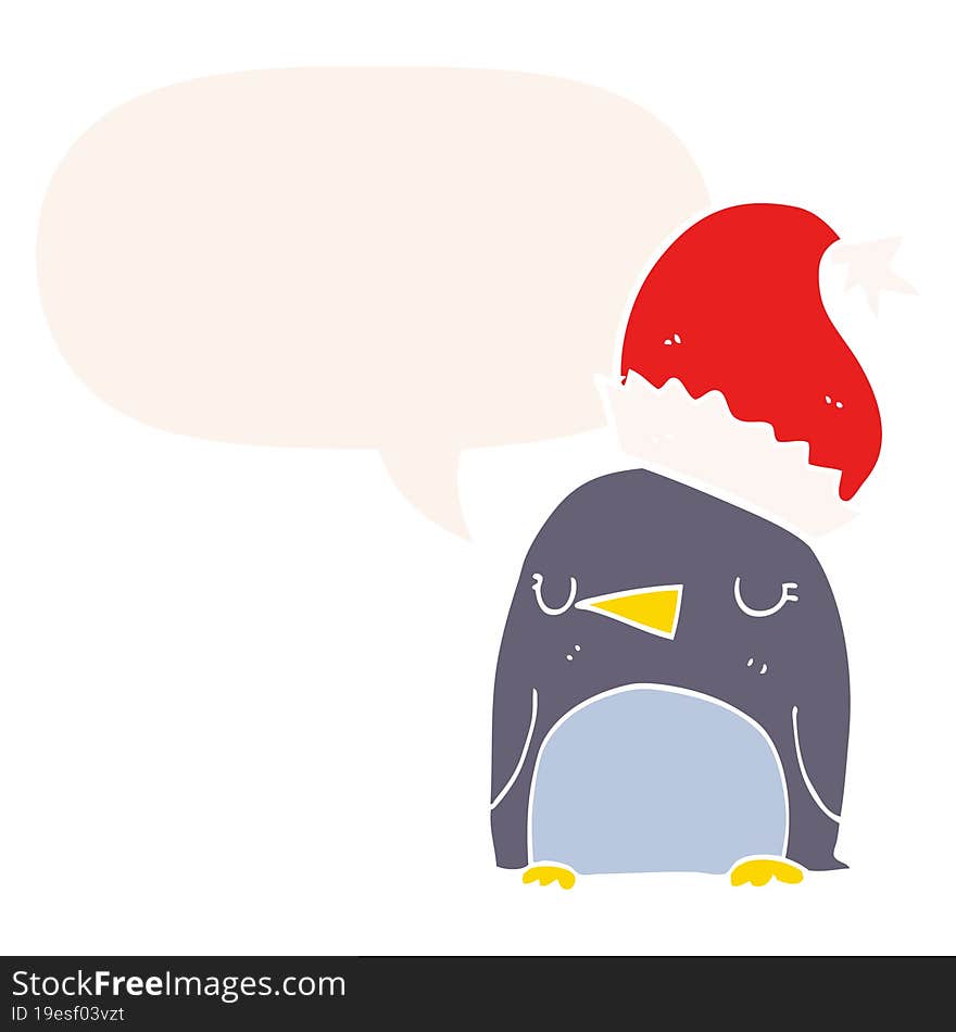 cute christmas penguin and speech bubble in retro style