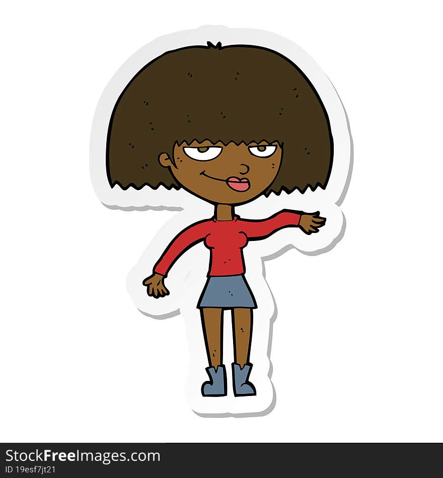 sticker of a cartoon smug woman making dismissive gesture