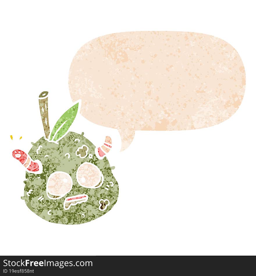 cartoon old pear and speech bubble in retro textured style