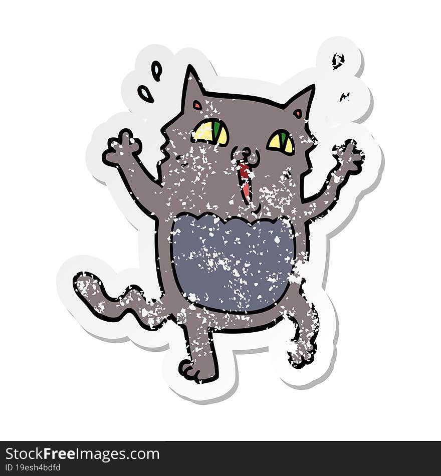 Distressed Sticker Of A Cartoon Crazy Excited Cat