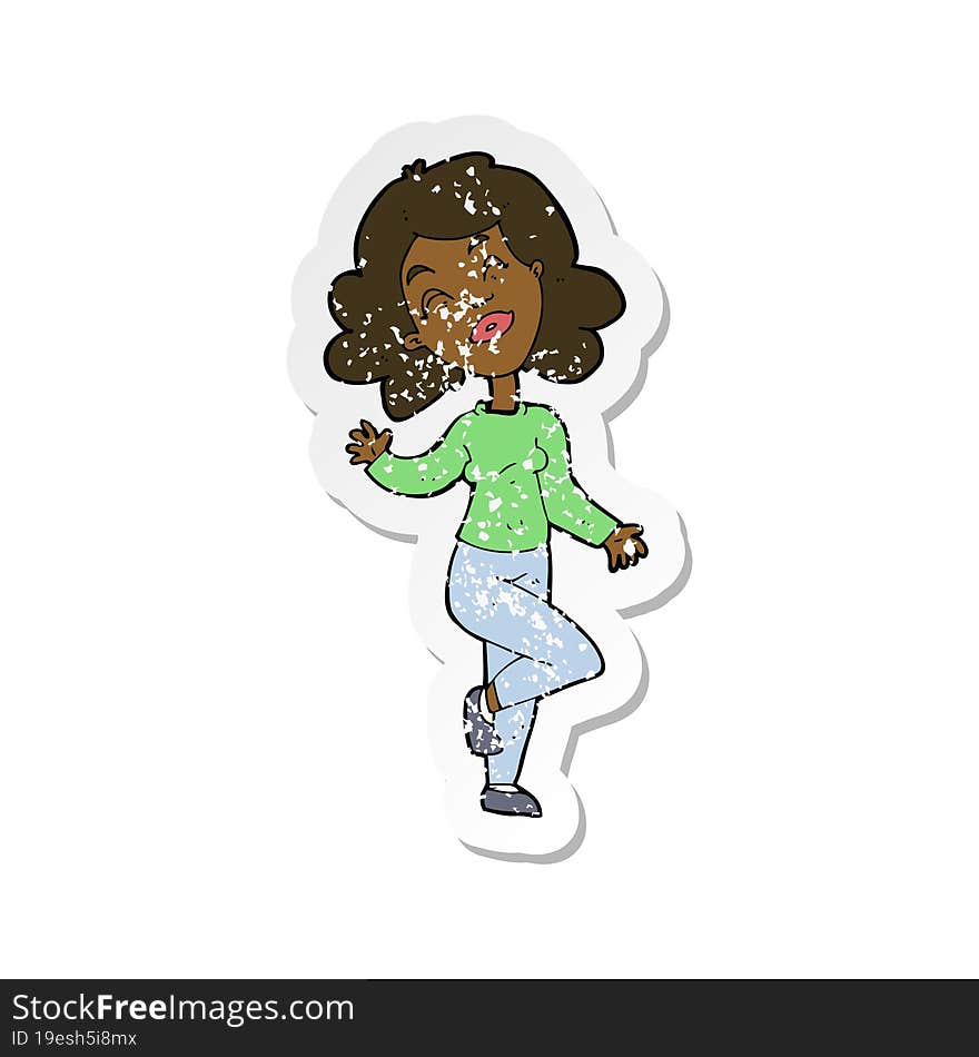 retro distressed sticker of a cartoon happy woman dancing