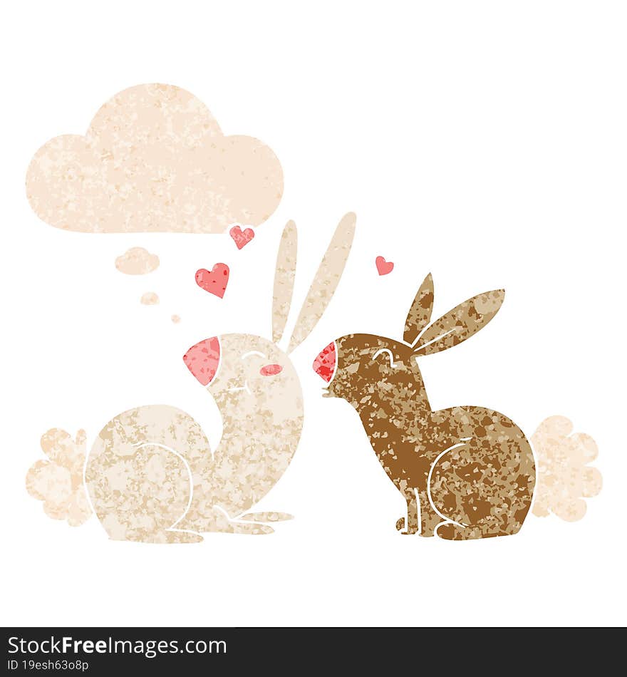 cartoon rabbits in love with thought bubble in grunge distressed retro textured style. cartoon rabbits in love with thought bubble in grunge distressed retro textured style