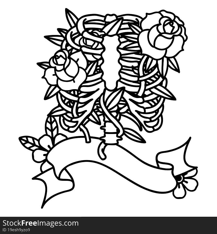 black linework tattoo with banner of a rib cage and flowers