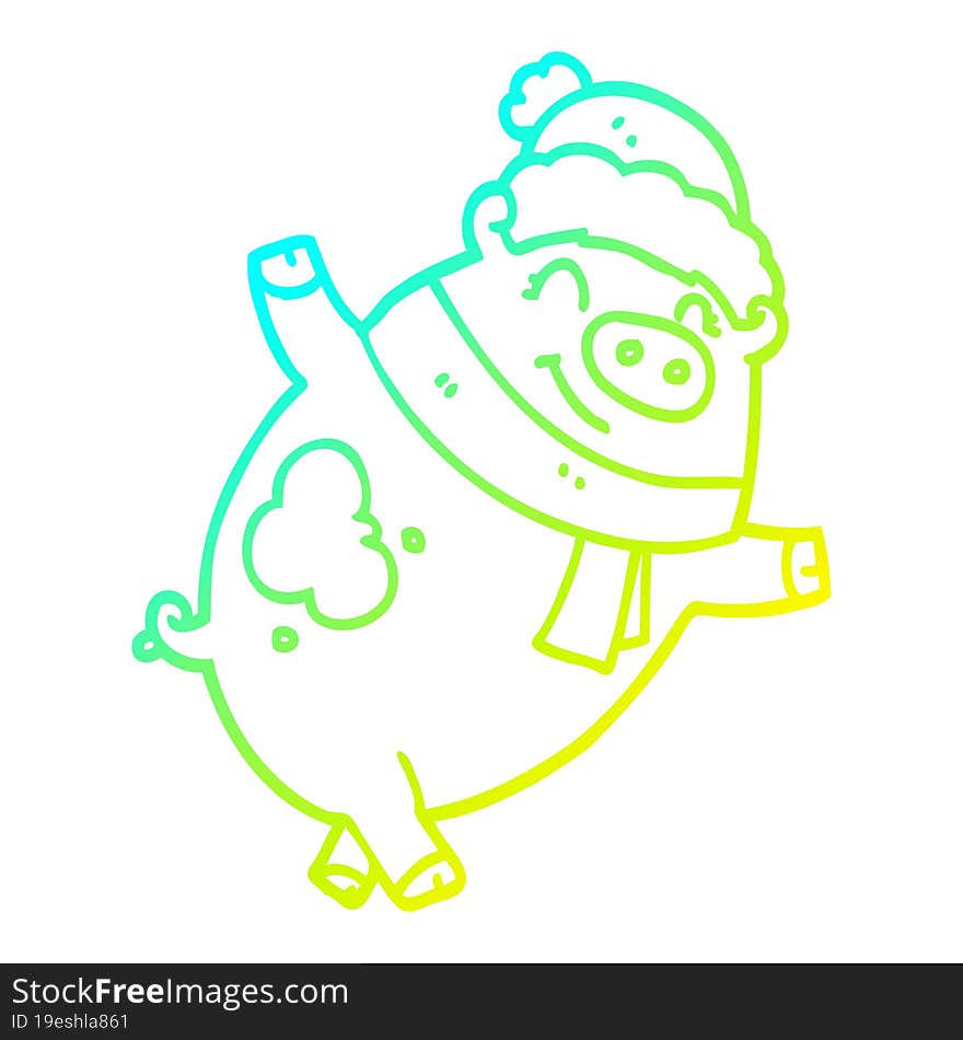 cold gradient line drawing cartoon pig wearing christmas hat