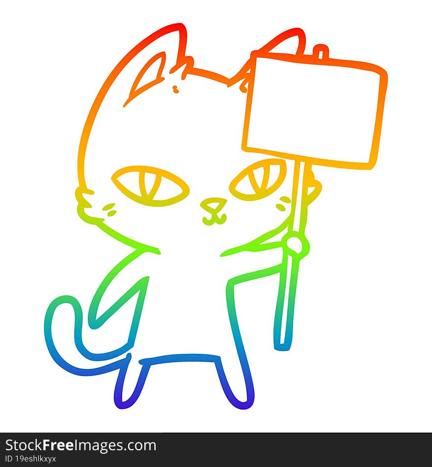 rainbow gradient line drawing cartoon cat waving sign