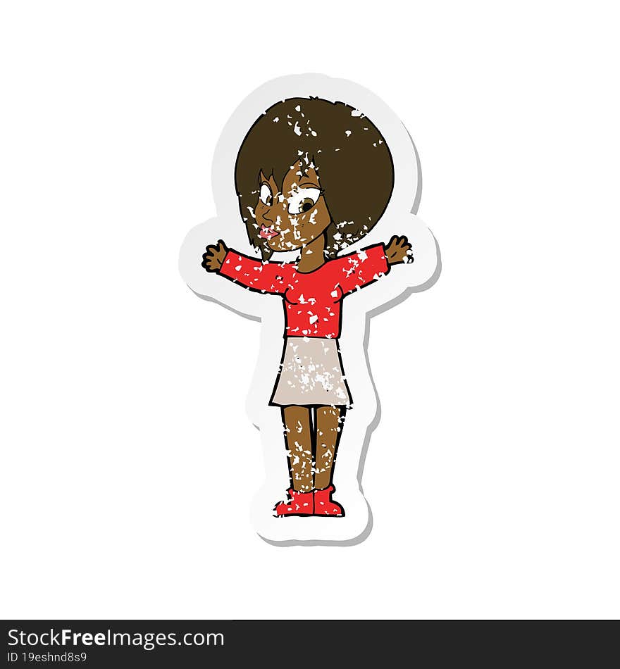 retro distressed sticker of a cartoon woman with open arms