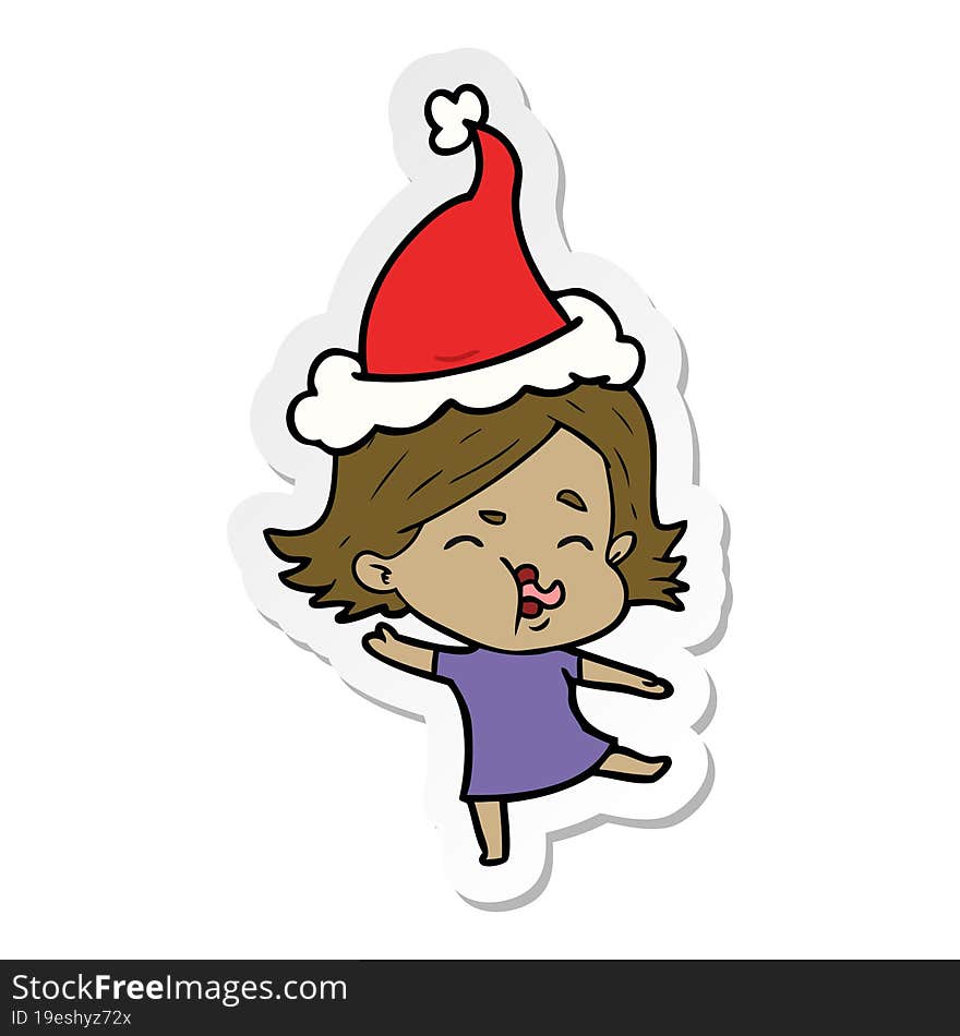 Sticker Cartoon Of A Girl Pulling Face Wearing Santa Hat