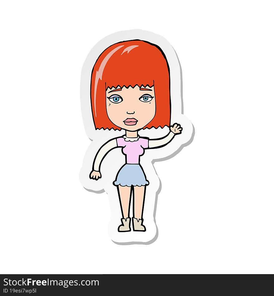 sticker of a cartoon waving woman