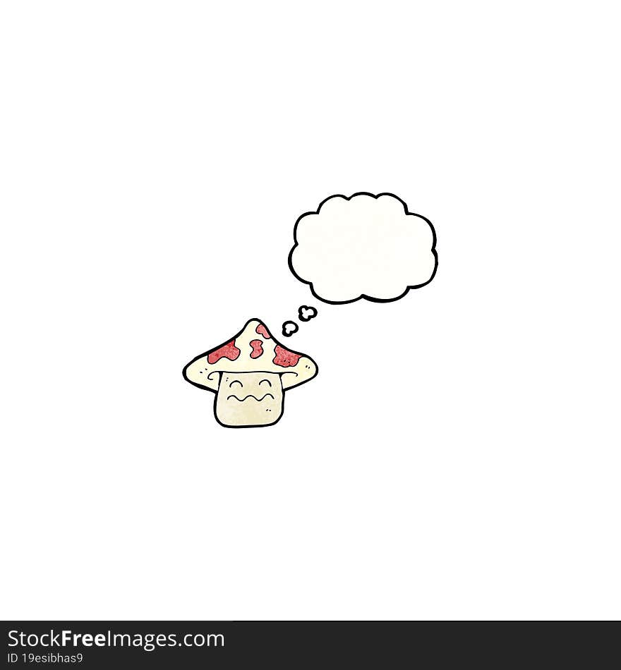 cartoon magic mushroom character with thought bubble