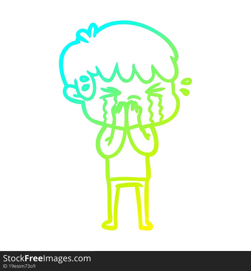 cold gradient line drawing of a cartoon boy crying