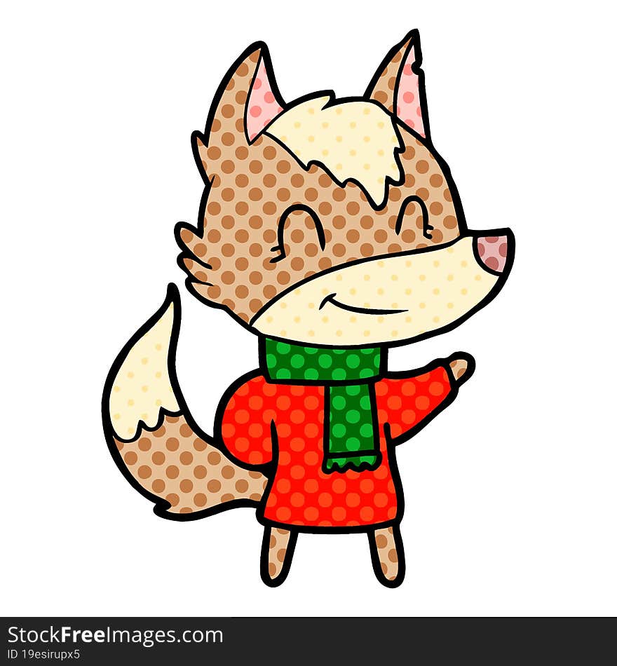 friendly cartoon wolf in winter clothes. friendly cartoon wolf in winter clothes