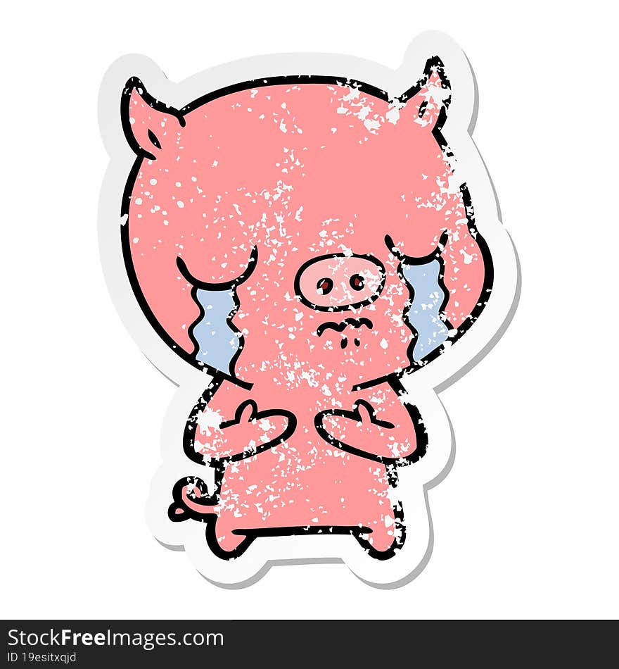distressed sticker of a cartoon pig crying