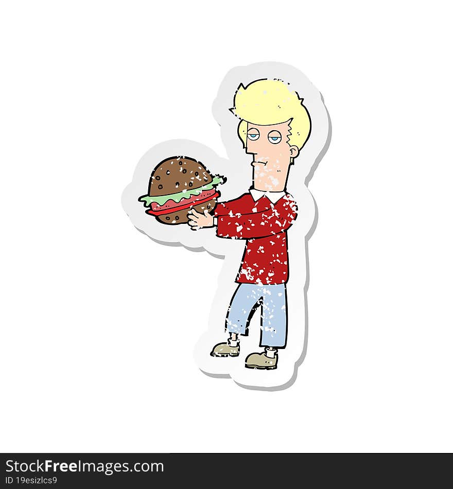 retro distressed sticker of a cartoon man eating burger