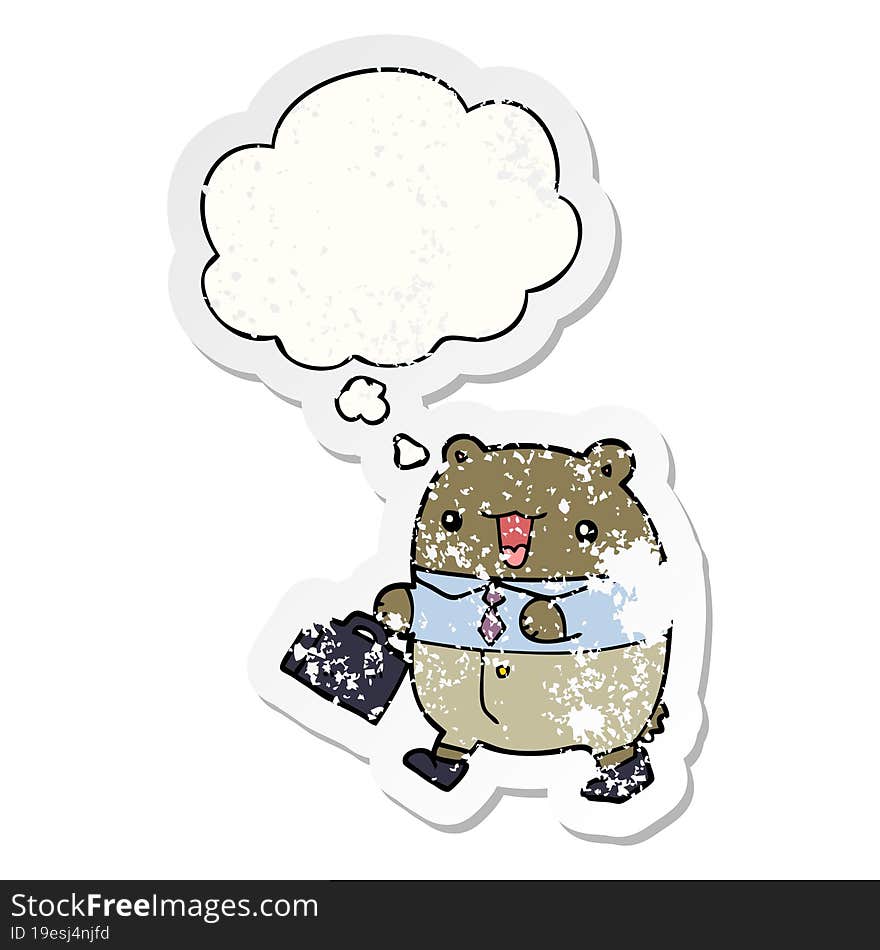 cute cartoon business bear and thought bubble as a distressed worn sticker