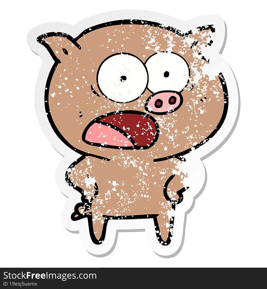 distressed sticker of a cartoon pig shouting